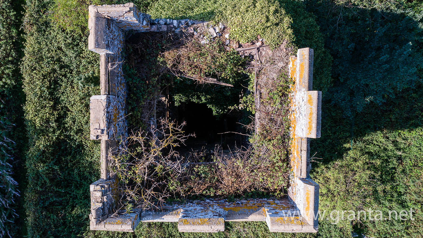 Derelict church tower, seen from above